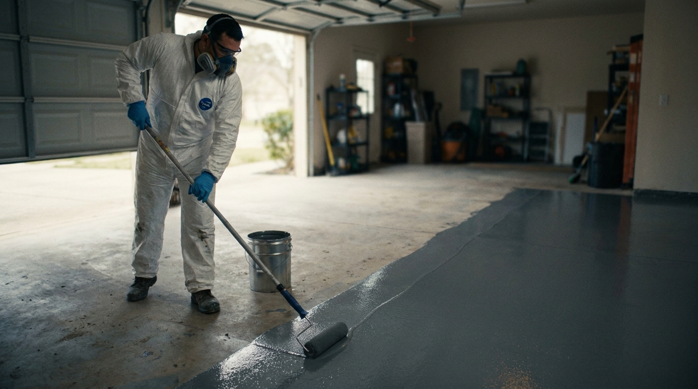 Technician applying epoxy coating to a garage floor