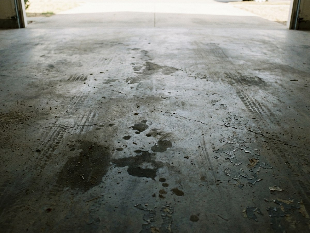 Unfinished stained concrete garage floor before coating